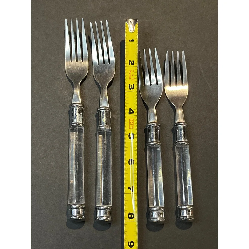 Set of 4 Stainless Steel Forks Clear Acrylic Handles Dinner Salad Silver Tone